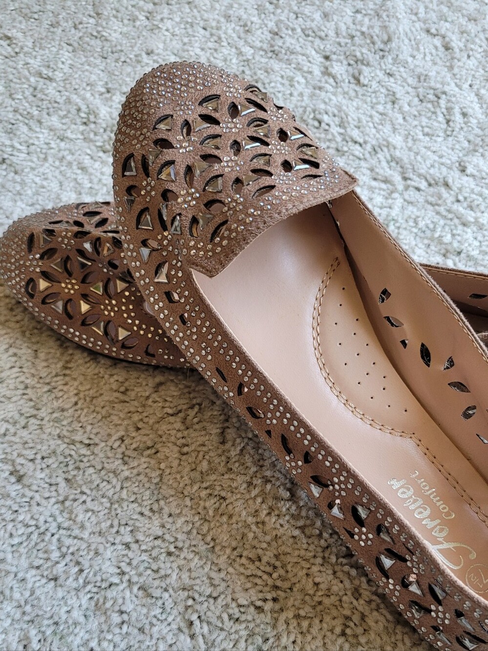 Taupe Suede  Mirrored & Rhinestone Ballet Flats 7 1/2